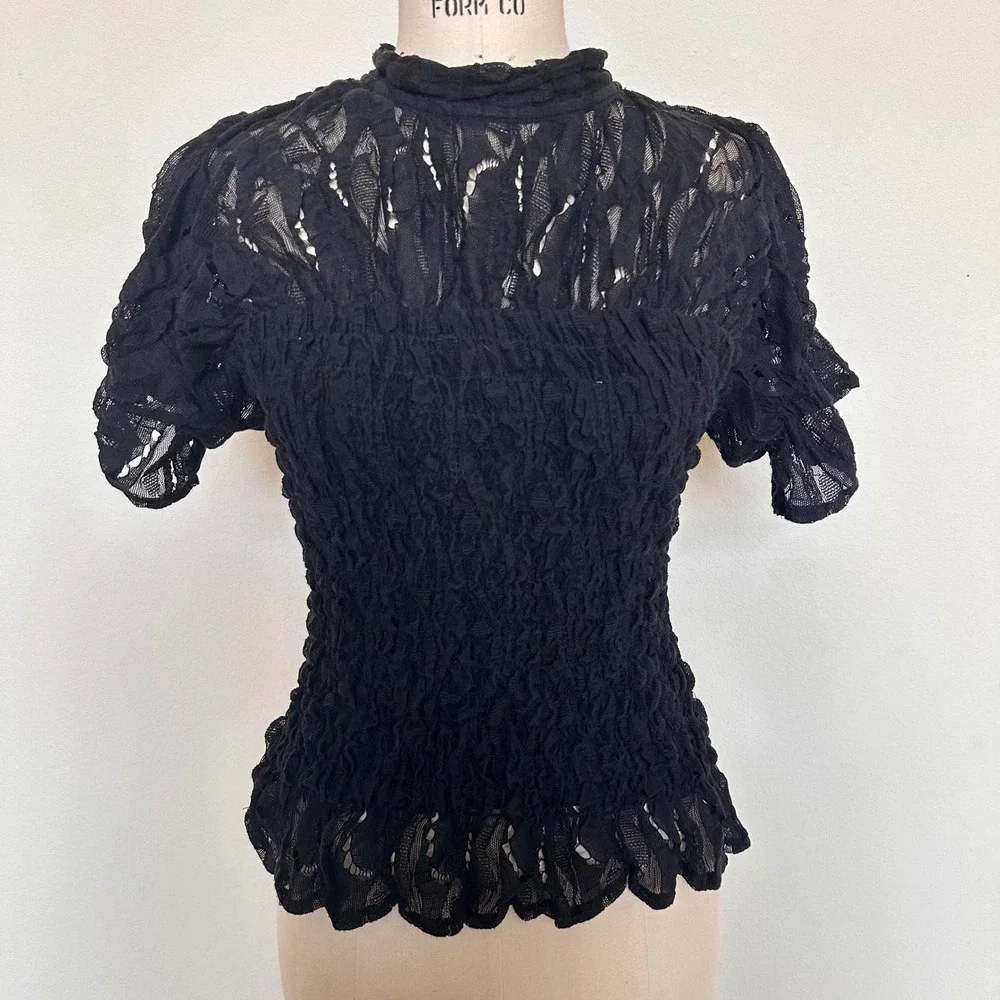 Free People Black Lace Smocked Mock Neck Top Short Puff Sleeve Size Small